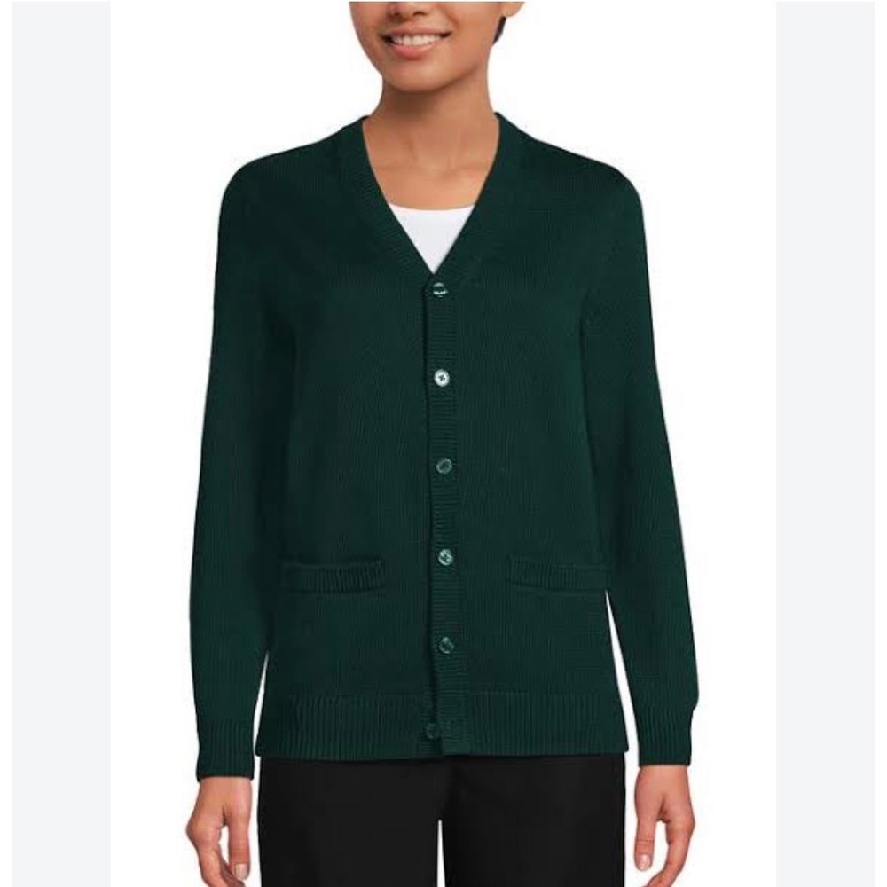Lands End Lambswool Shawl Collar Cardigan Forest Green Elbow Patch Sweater M